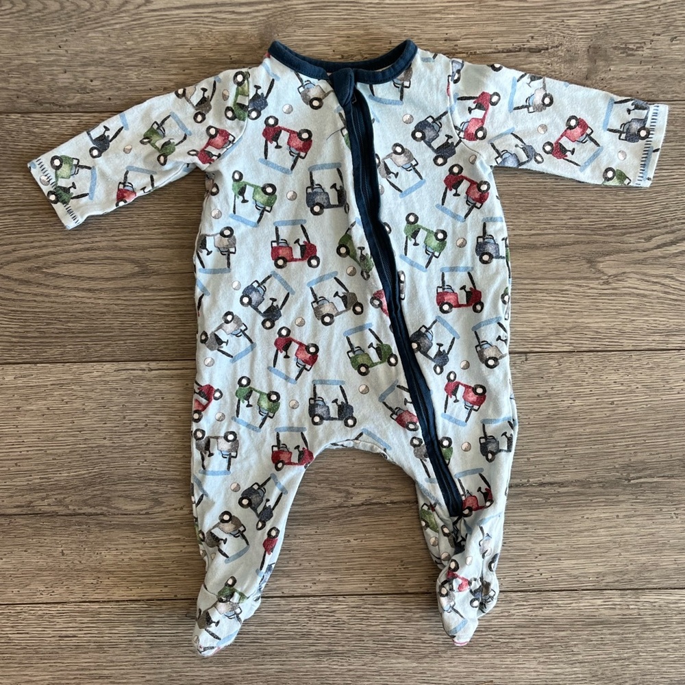 Mudpie Baby Boy One Way Zipper Footed Pajama Blue Green Golf Print Cotton 0-3 M